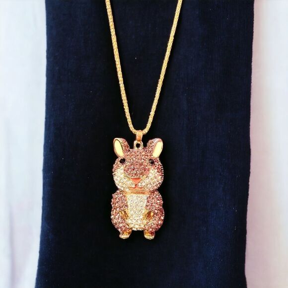 Vintage Betsey Johnson Big Rhinestone Bunny Rose Gold Tone Necklace - Picture 1 of 6